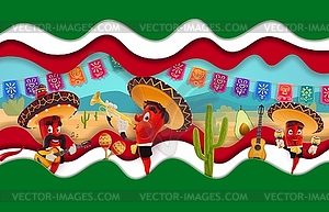 Mexican chili mariachi characters paper cut banner - vector image