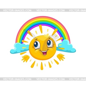 Cartoon sun character with rainbow and clouds - vector image