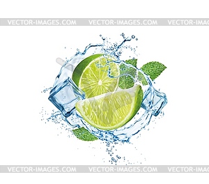 Realistic mojito drink splash with lime, ice cubes - royalty-free vector image