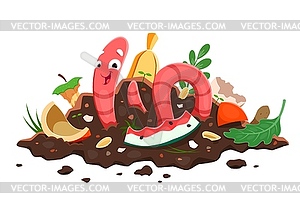 Cartoon earth worm character in compost soil - vector clipart