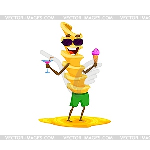 Cartoon cheerful eliche pasta sipping cocktail - vector image