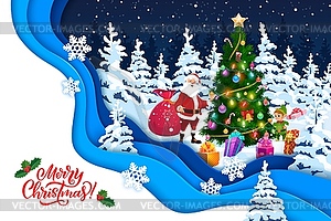 Christmas paper cut winter landscape with Santa - vector image