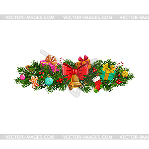 Рождественская еловая ветка с колокольчиком - векторный клипарт Royalty-Free