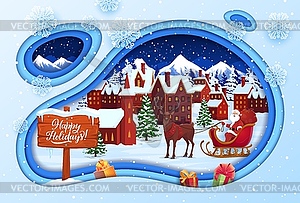 Christmas paper cut landscape with santa, reindeer - vector clipart