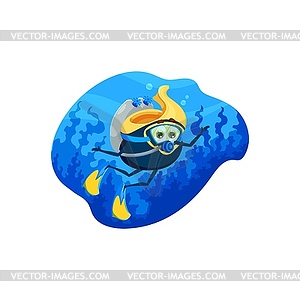 Cartoon cheerful funghetto pasta diving sports - vector image