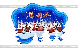 Christmas paper cut banner with Santa on sleigh - vector image