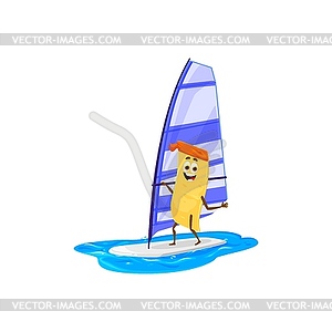 Cartoon cheerful lasagna pasta windsurfing sports - vector clipart