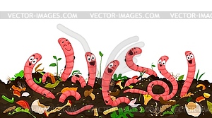 Cartoon funny earth worm characters in compost - vector image