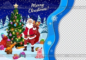 Christmas paper cut with Santa near pine tree - vector image