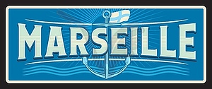 Marseille city in France, retro travel plate - vector image