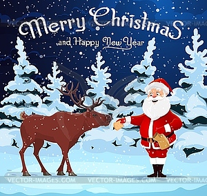 Мультяшный рождественский Санта кормит оленей в лесу - изображение в векторном формате