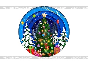 Christmas round paper cut with holiday pine tree - vector clipart
