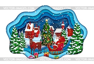 Christmas paper cut banner Santa on sleigh in town - vector clip art