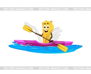 Cartoon cheerful bucatini pasta paddles kayak - vector clipart