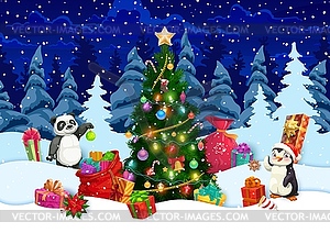 Christmas banner with gifts, pine tree and animals - vector image