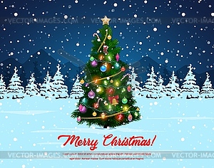 Christmas decorated pine tree in snowy forest - vector clipart