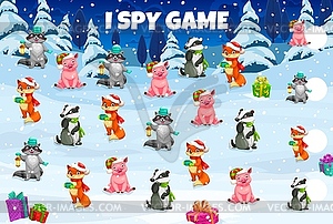 Christmas I spy game worksheet, kids riddle - vector image