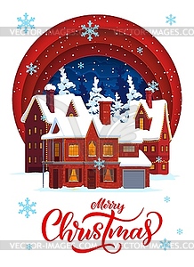 Christmas paper cut banner with snowy winter town - vector image