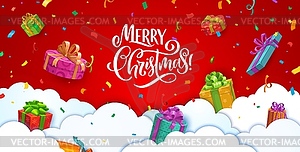 Christmas paper cut clouds and falling presents - vector image