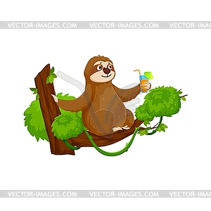 Cartoon funny sloth character enjoys cocktail - vector clipart