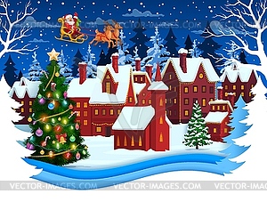 Christmas papercut winter town and Santa on sleigh - vector clipart