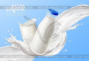 Milk bottle with wave flow splash, realistic glass - vector clip art