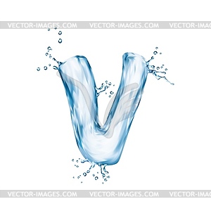 Realistic water font, letter V flow with ripples - vector image