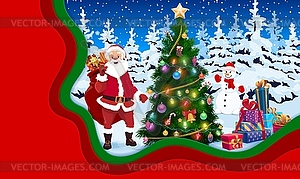 Christmas paper cut greeting card Santa, snowman - vector image