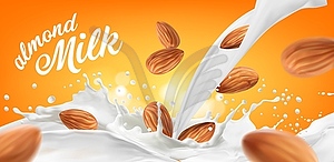 Almond milk flow and splash with nuts, banner - vector clip art