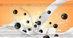 Milk splash with chocolate balls, promo background - vector EPS clipart