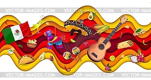 Viva Mexico paper cut wave, guitar, sombrero, flag - vector image