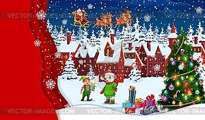 Christmas paper cut town with holiday characters - vector clipart