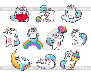 Cartoon cute caticorn characters, unicorn cats set - vector clipart