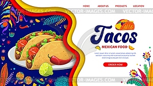 Paper cut landing page with Mexican tacos food - vector image