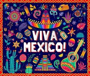 Viva mexico banner with sombrero, tropical flowers - vector clip art