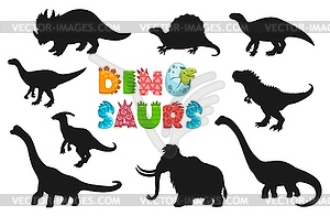 Силуэты мультяшных динозавров, персонажей-рептилий - векторное изображение