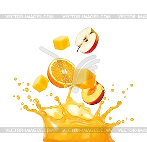 Orange fruit juice mix splash, fresh vitamin drink - vector image