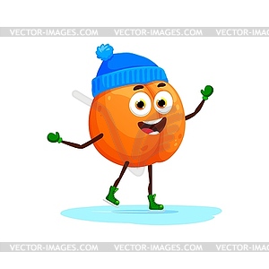 Peach character ice skating, Christmas fruit emoji - vector clipart