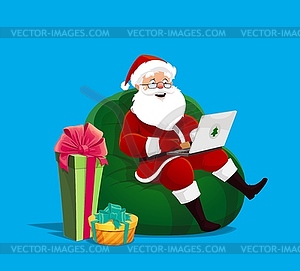 Cartoon Santa with laptop on green bean bag, gifts - vector clip art