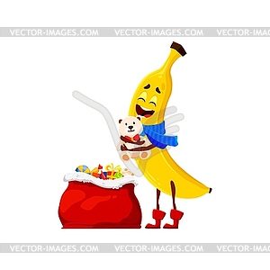 Банановый фруктовый персонаж и рождественские праздничные подарки - векторное изображение