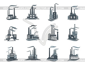 Factory, industrial plant icons of manufacture - vector clip art