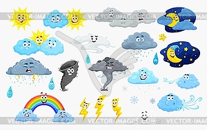 Cartoon weather characters, cute cloud, sun, rain - vector image