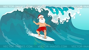 Cartoon Santa surfer character surfing on board - vector clip art