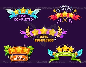 Game level complete or level up badge icons - vector image