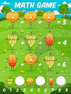 Math game worksheet with cartoon fruits characters - vector clip art