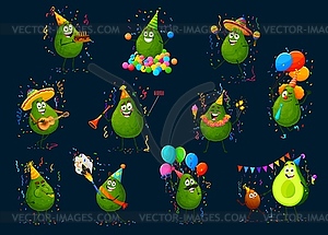 Cartoon avocado characters on holiday party set - vector image