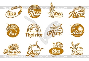 Иконки риса, органические зерновые продукты питания, упаковка фермерских семян - векторный клипарт
