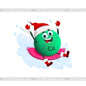 Cartoon Copper Cu mineral pill riding snow sledge - vector image