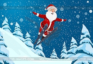Рождественский Санта прыгает с трамплина на лыжах - изображение в векторном виде
