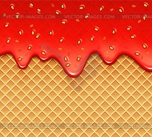 Realistic melt strawberry jam on wafer background - vector clip art